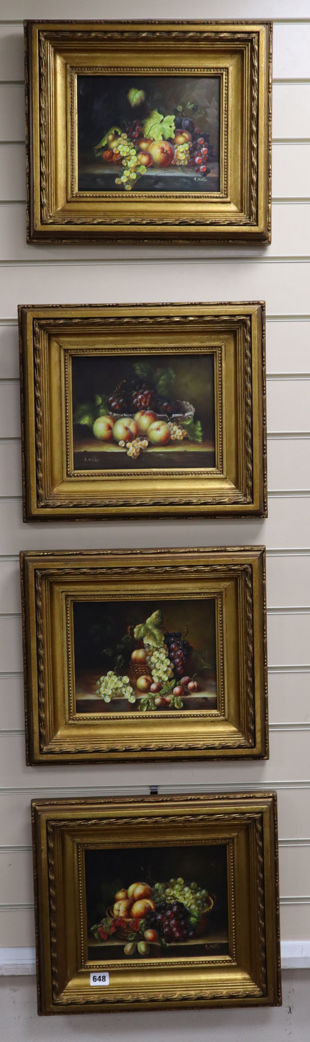 A. Miller, four oils on board, Still lifes of fruit, 19 x 24cm